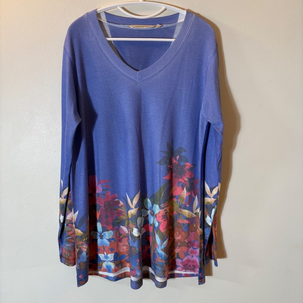 Soft Surroundings Periwinkle‎ Floral Border Print V-Neck Knit Blouse Size XL
